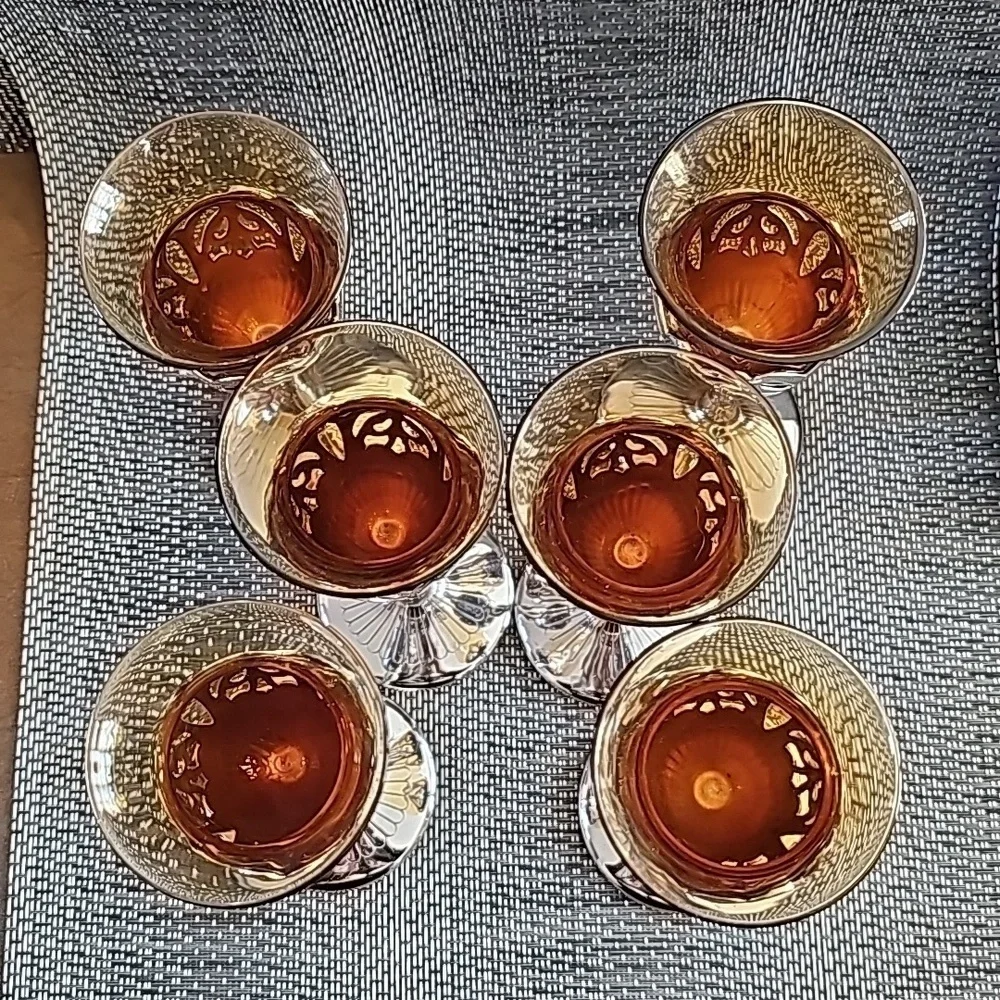 Vintage Farber Brothers Amber Silver Stems Glassware 6 Cordial Sherry Glasses